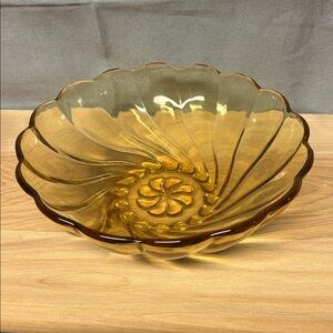 Vintage 9" Diameter Hazel Atlas Yellow Amber Swirl Depression Glass Fruit  Bowl